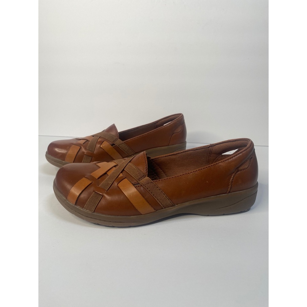 Clarks Collection Brown Leather Loafers Womens 7.5 W Woven Caged Slip On Comfort - Picture 5 of 7